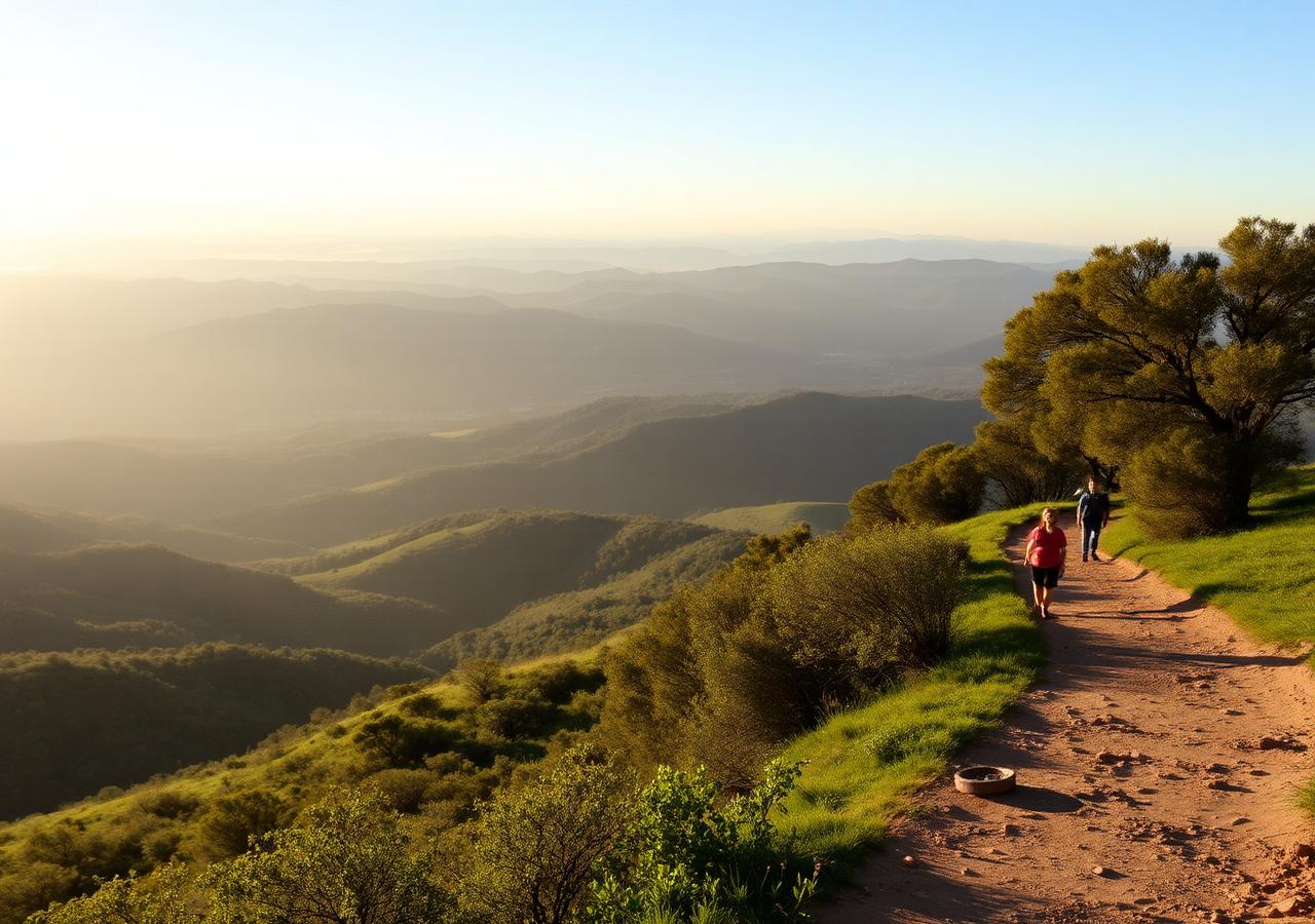 Hiker on a trail at Double Peak Park overlooking the hills